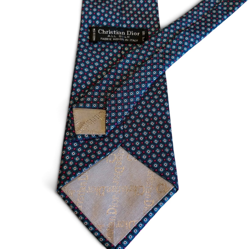 Christian Dior Silk Tie Blue Red Geometric Medallion Woven in Italy Mens Tie